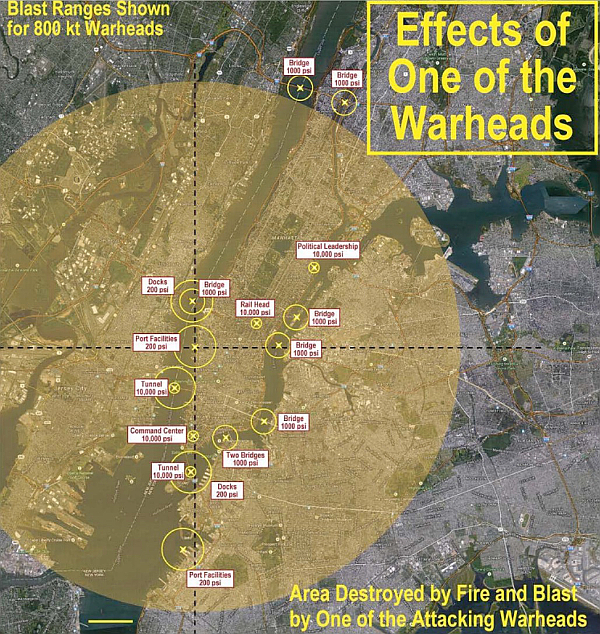 Effects of One of the Warheads - Blast Ranges Shown for 800 kt Warheads - Area Destroyed by Fire and Blast by One of the Attacking Warheads